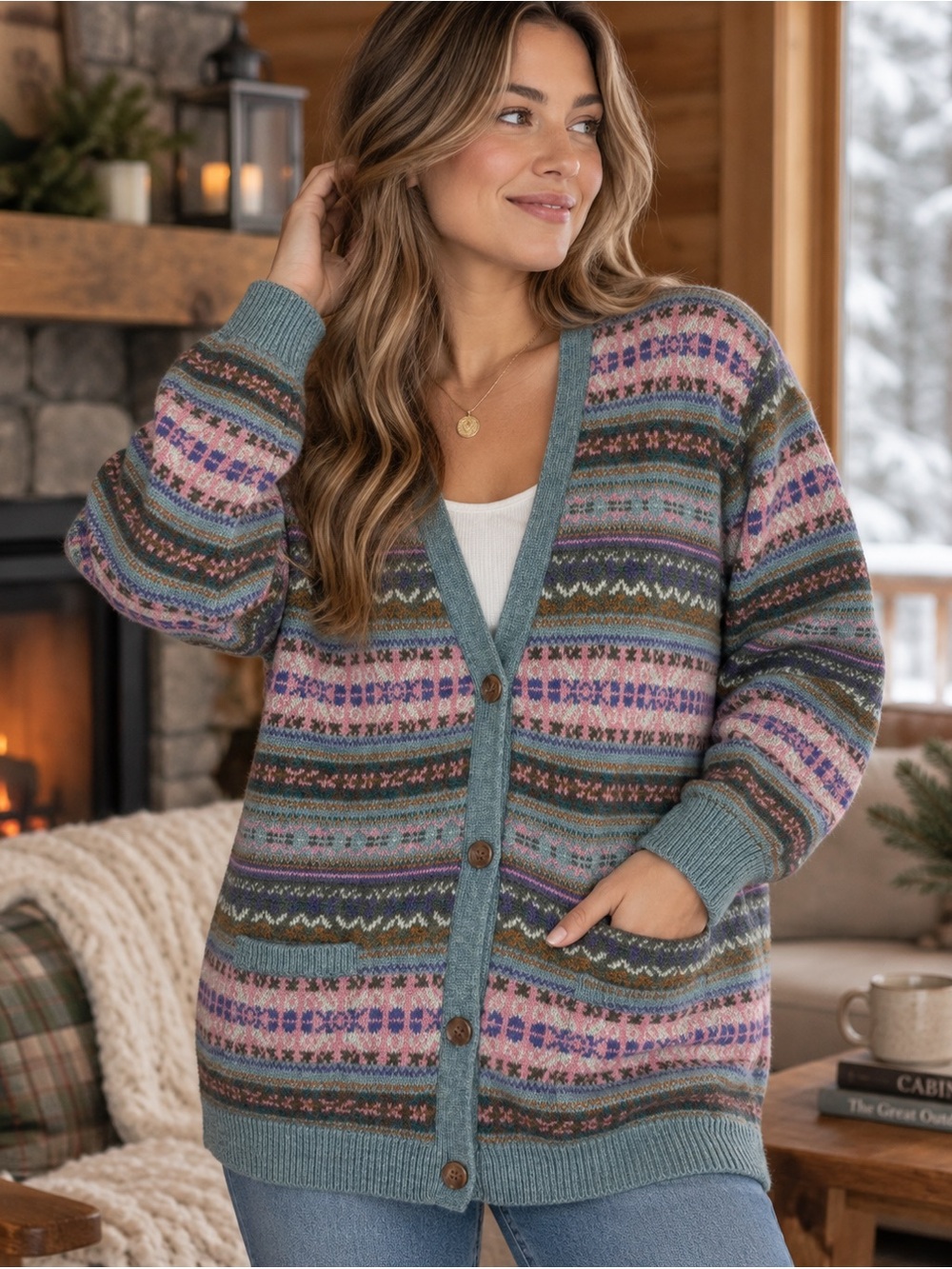 Vintage Eddie Bauer 100% Wool Fair Isle Women’s Large Longline Cardigan Sweater